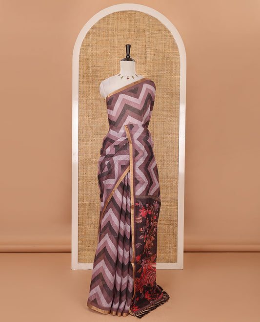 Onion pink zig-zag stripes printed linen cotton saree, piping zari border, kalamkari floral-peacock printed pallu & contrast printed blouse