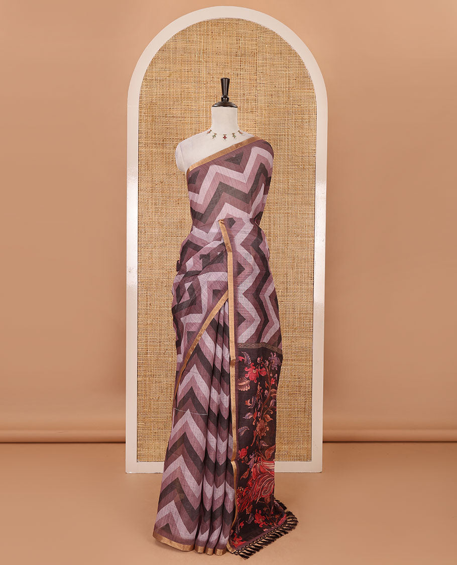 Onion pink zig-zag stripes printed linen cotton saree, piping zari border, kalamkari floral-peacock printed pallu & contrast printed blouse