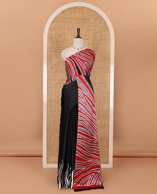 Borderless black-red color batik-style abstract-printed satin crepe saree, contrast-printed blouse