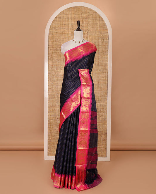 Navy blue zari checked semi-taffeta silk saree, contrast annam motifs zari woven temple border, striped pallu & contrast striped zari border blouse