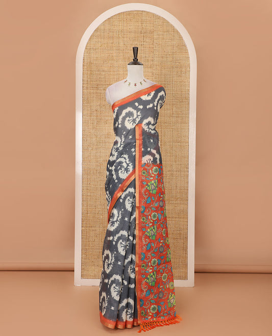 Grey shibori-style printed linen cotton saree, contrast zari piping border, kamlamkari floral printed pallu & contrast printed blouse