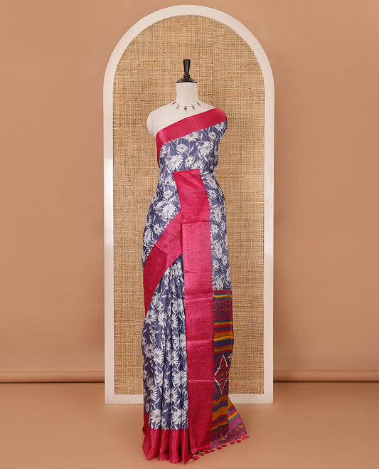 Grey sunflower motifs printed Khadi cotton saree, contrast plain border, patola geometric printed pallu & contrast blouse