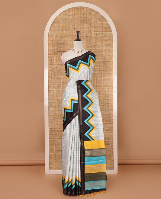 Metallic grey checked katan silk saree, contrast black-blue temple border, multi-color blocked pallu & stripes printed blouse