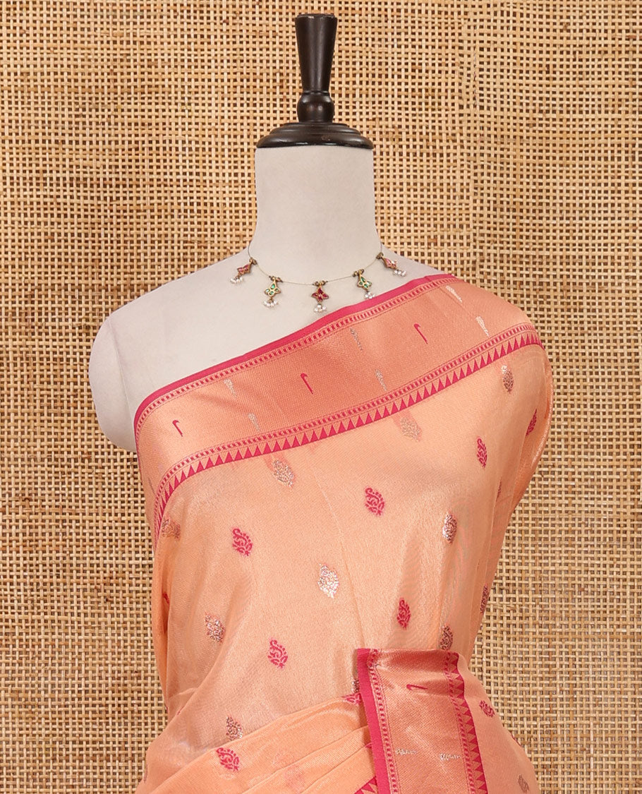Peach zari & thread buttas woven tissue silk saree, contrast muniya temple border, paithani-style design pallu & contrast zari buttas blouse