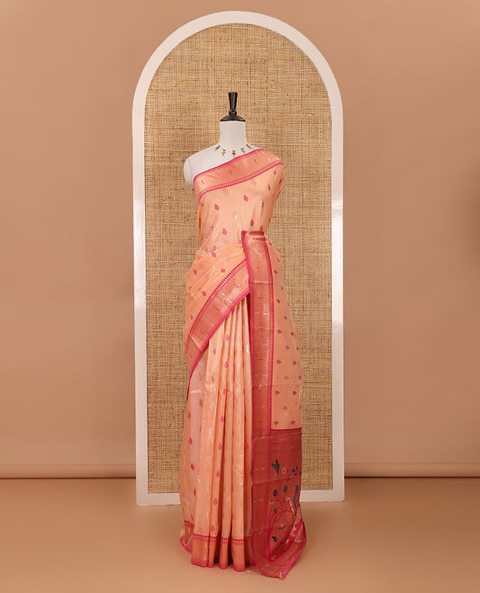 Peach zari & thread buttas woven tissue silk saree, contrast muniya temple border, paithani-style design pallu & contrast zari buttas blouse