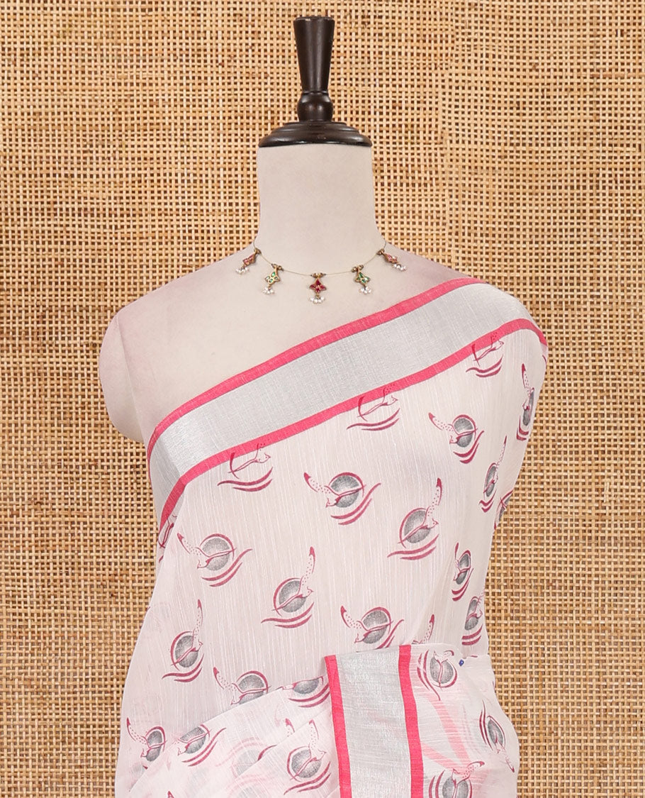 White-pink flying bird motifs printed linen saree, silver bavanji border, printed pallu & plain blouse