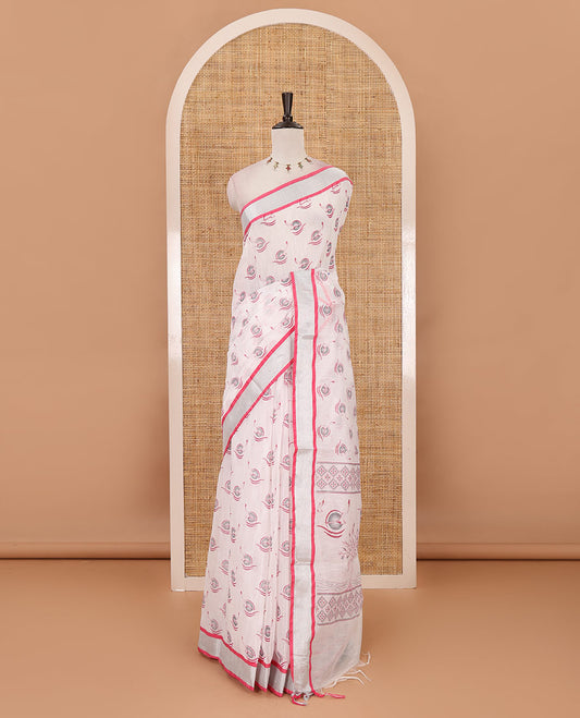 White-pink flying bird motifs printed linen saree, silver bavanji border, printed pallu & plain blouse