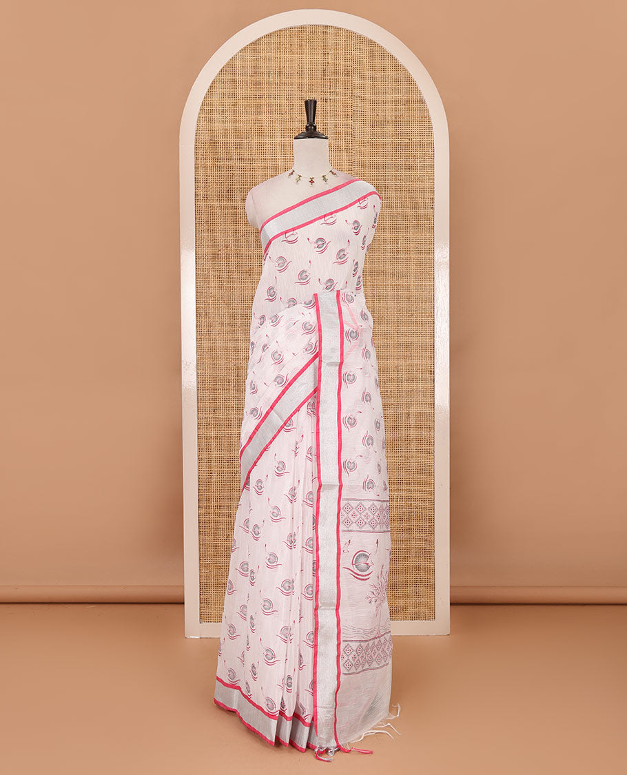 White-pink flying bird motifs printed linen saree, silver bavanji border, printed pallu & plain blouse