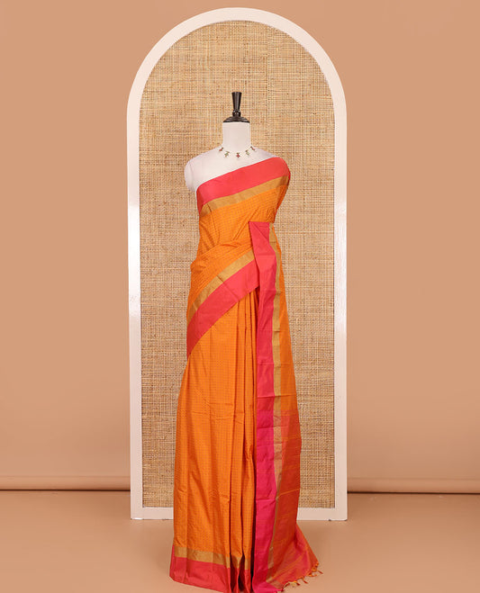 Yellow plus thread buttas semi-soft saree, contrast zari satin border, striped pallu & contrast plain blouse