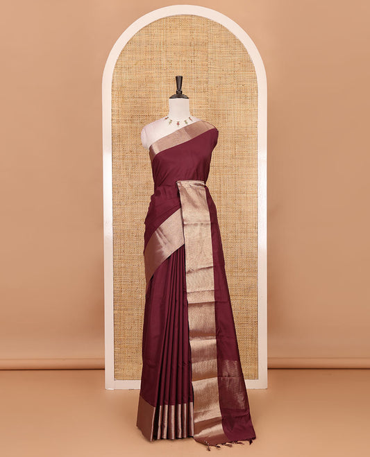 Purple full-plain soft-mercerized cotton saree, zari bavanji border, striped pallu & plain blouse