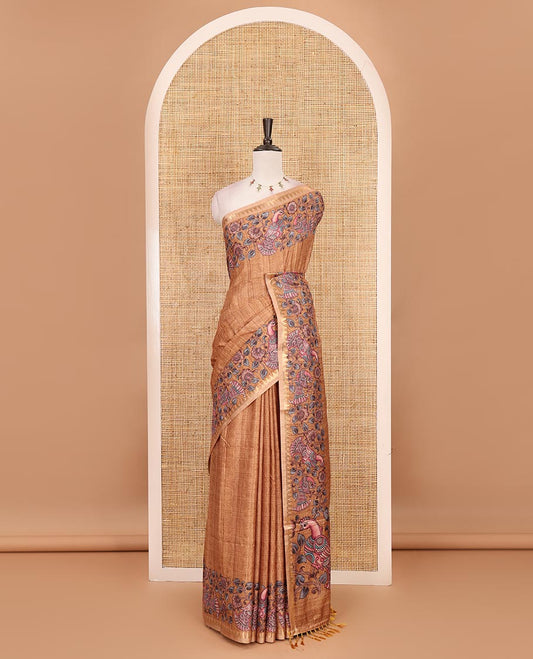 Mustard full-plain katan silk saree, double-side kalamkari floral vine and bird printed temple zari border and matching floral vine printed blouse