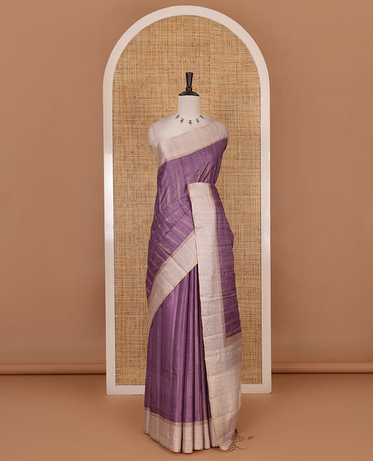 Purple floral vines thread embroidered Tussar saree, contrast Thread border, plain pallu, and contrast blouse