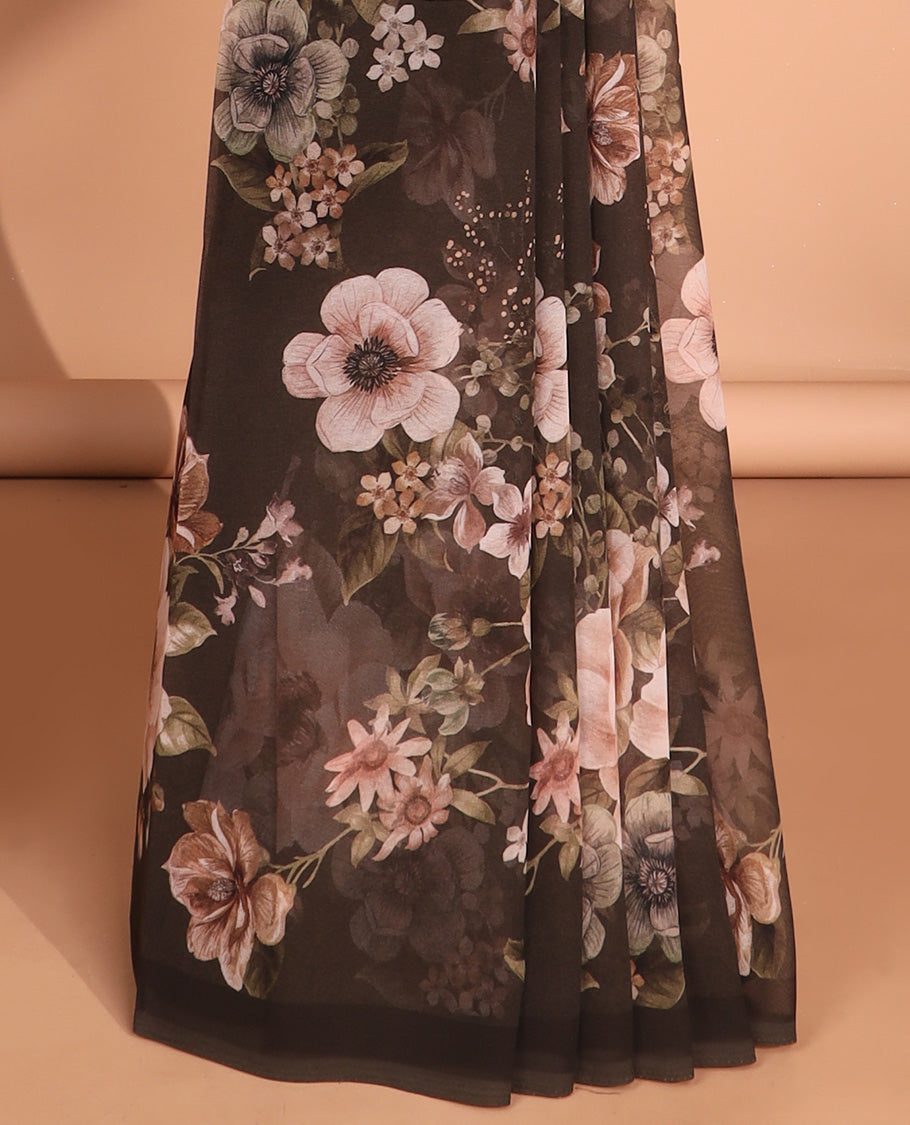 Borderless brown digital floral print georgette saree with self pallu