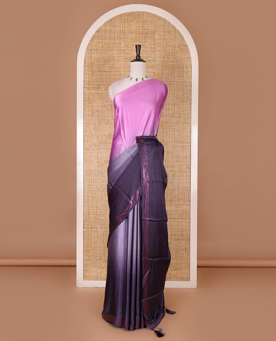 Pink ombre full-plain satin crepe saree, copper zari border, and plain blouse