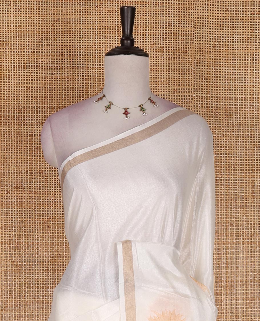 Half-white sunflower printed Kerala cotton saree, zari border, pallu of farming theme print, and matching blouse