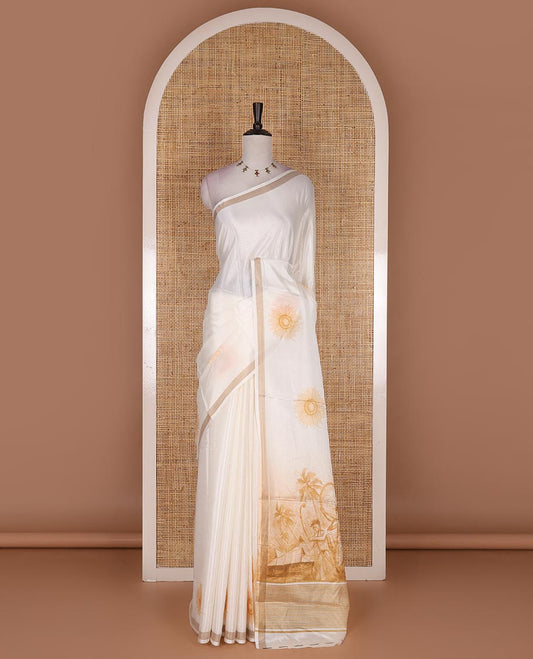 Half-white sunflower printed Kerala cotton saree, zari border, pallu of farming theme print, and matching blouse