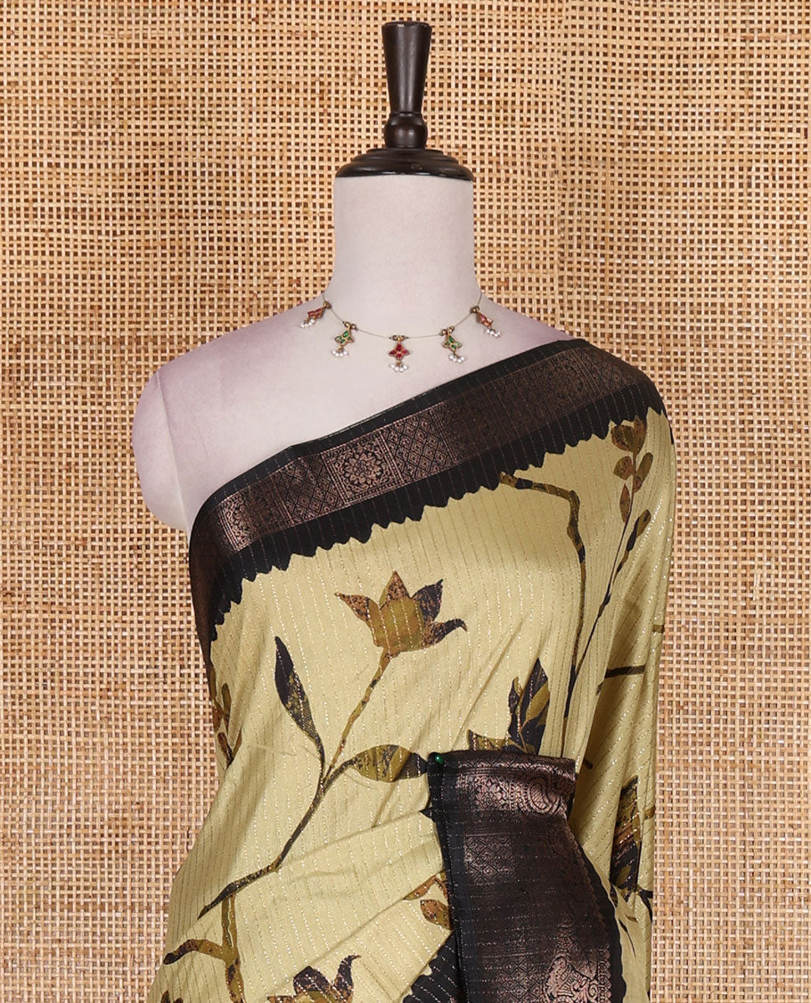 Green golden zari stripes, and floral vine printed dola silk saree, contrast traditional temple zari border, and floral printed pallu