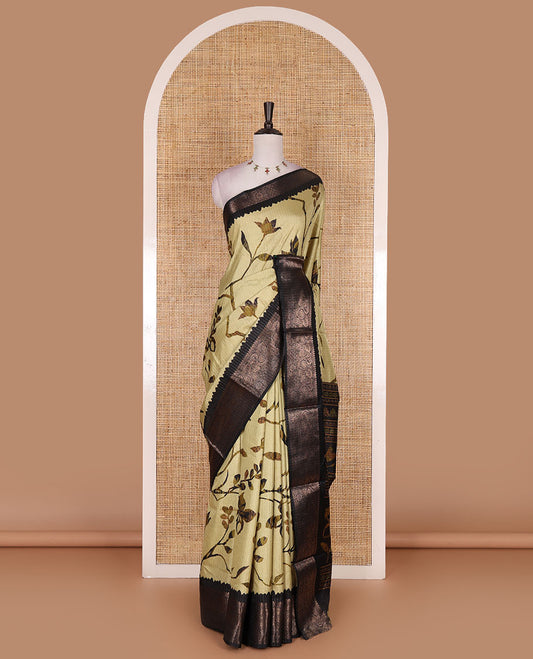 Green golden zari stripes, and floral vine printed dola silk saree, contrast traditional temple zari border, and floral printed pallu