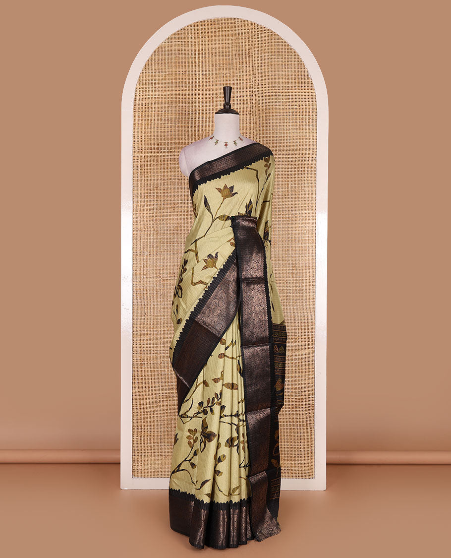 Green golden zari stripes, and floral vine printed dola silk saree, contrast traditional temple zari border, and floral printed pallu