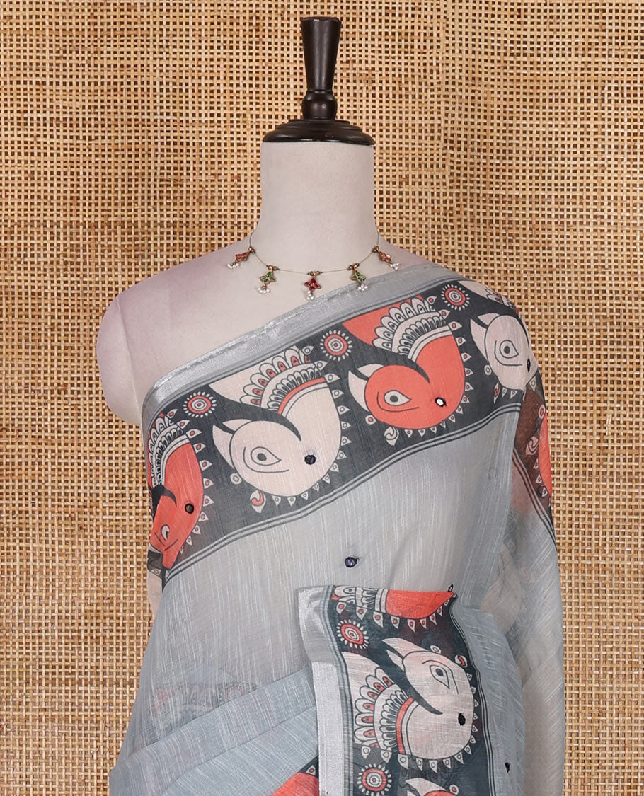 Grey mirror thread embroidered linen saree, contrast kalamkari peacock printed border, pallu of kalamkari peacock and human figurines print, and printed blouse