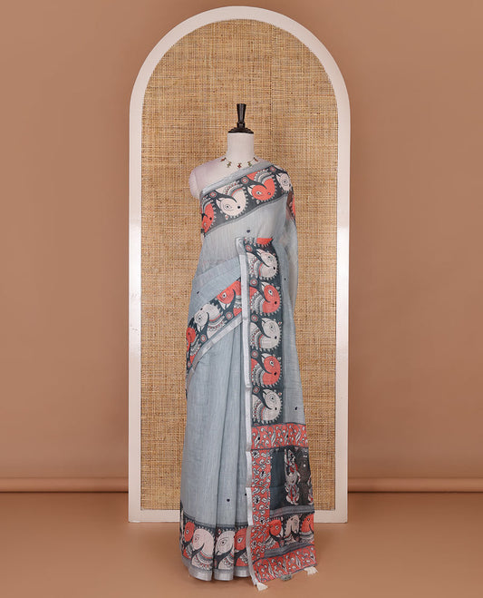 Grey mirror thread embroidered linen saree, contrast kalamkari peacock printed border, pallu of kalamkari peacock and human figurines print, and printed blouse