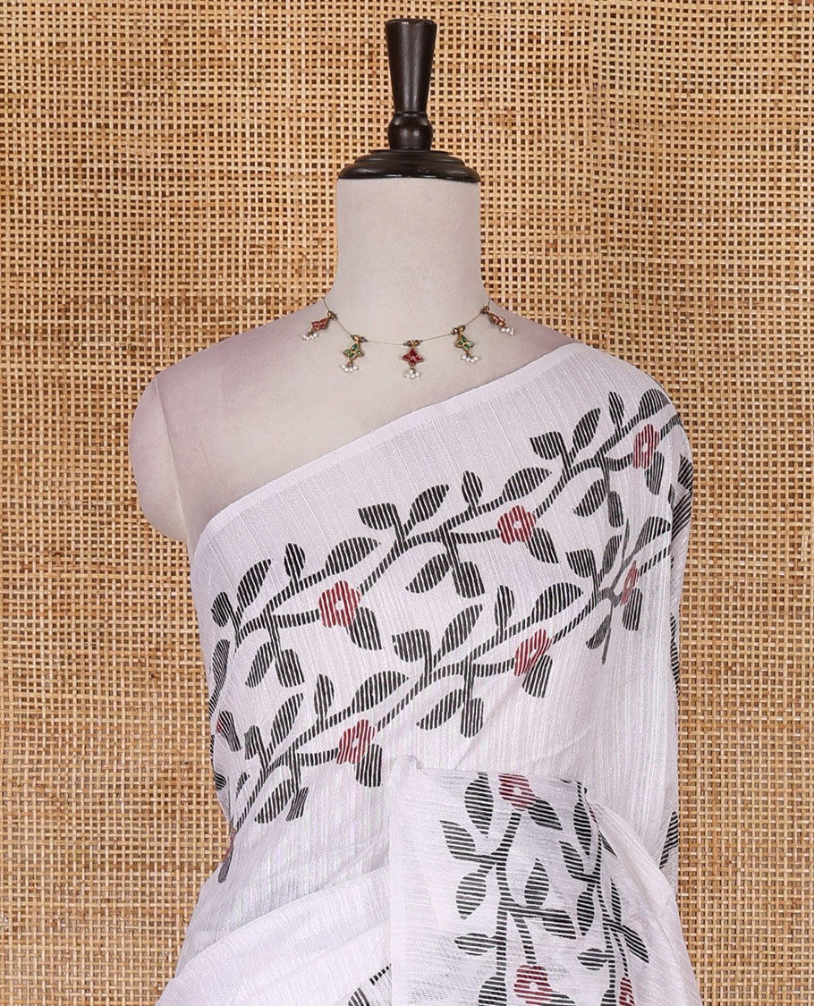 White jamdani style floral vine design semi-jute silk saree, floral vine printed border, pallu, and blouse of small buttas print