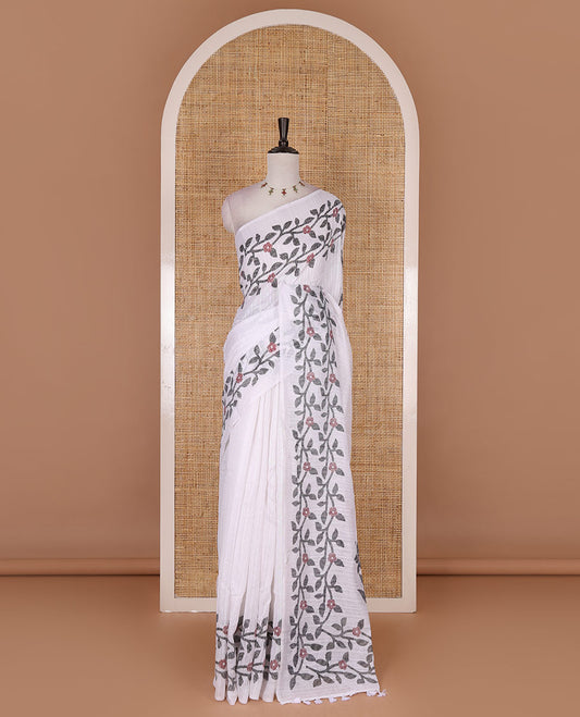 White jamdani style floral vine design semi-jute silk saree, floral vine printed border, pallu, and blouse of small buttas print