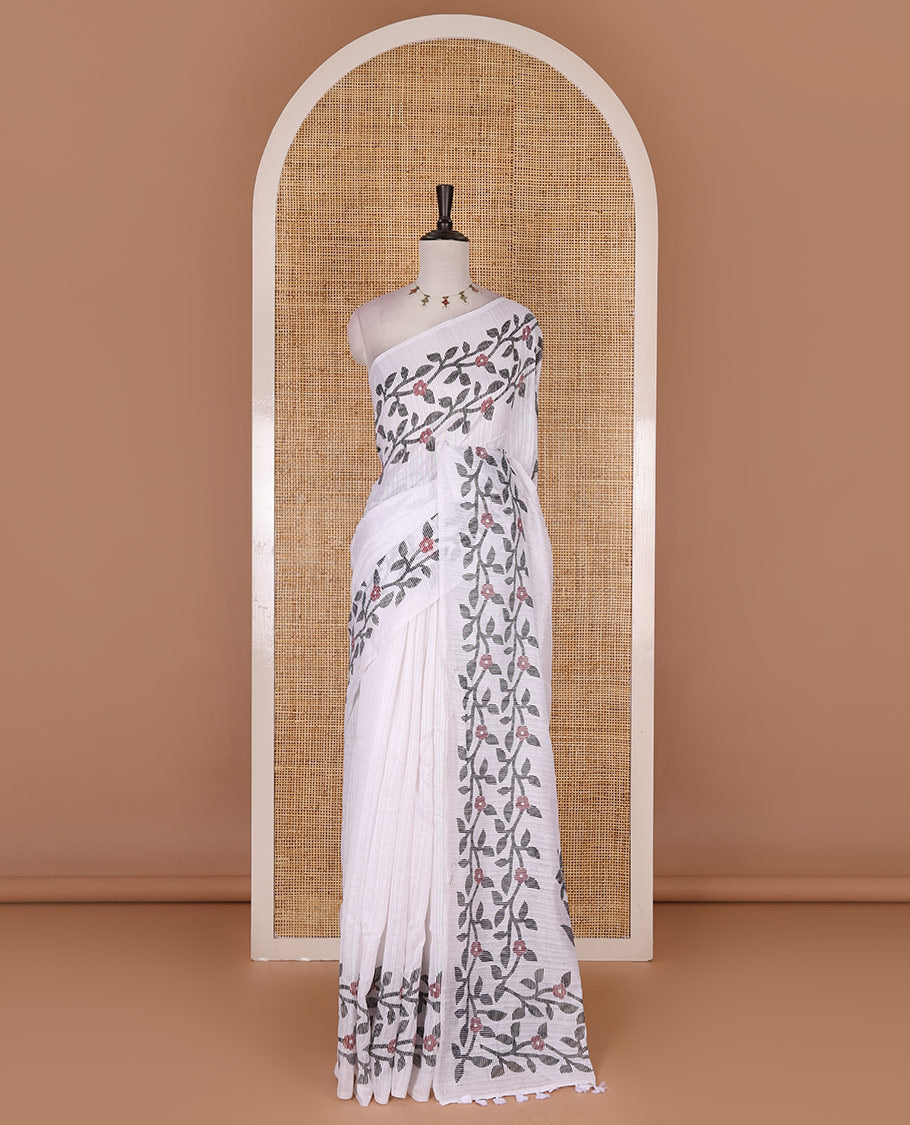 White jamdani style floral vine design semi-jute silk saree, floral vine printed border, pallu, and blouse of small buttas print