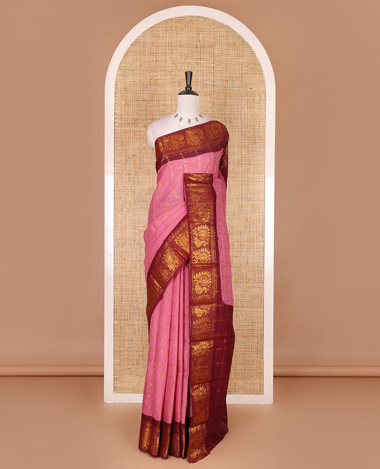 Pink and maroon zari checked Sungudi cotton saree, contrast peacock motifs zari border, checked pallu, and contrast checked blouse