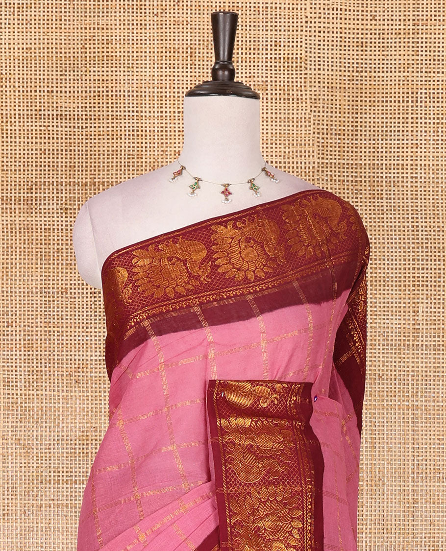 Pink and maroon zari checked Sungudi cotton saree, contrast peacock motifs zari border, checked pallu, and contrast checked blouse