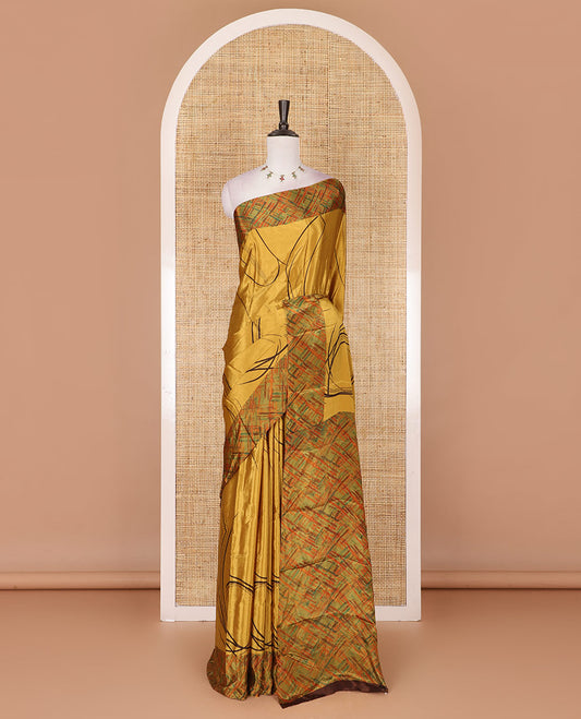 Yellow abstract style geometric printed Turkey crepe saree, contrast border, and pallu of abstract textured print