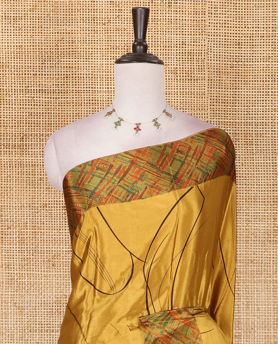 Yellow abstract style geometric printed Turkey crepe saree, contrast border, and pallu of abstract textured print
