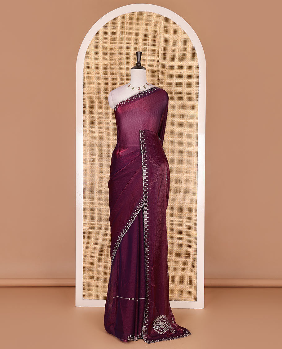 Wine micro stonework Fendi chiffon saree, scallop micro stonework border, stonework paisley pallu, and matching micro stone work blouse