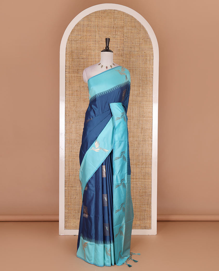 Blue hummingbird zari buttas Mulberry silk saree, contrast hummingbird motifs temple border, intricate pallu, and contrast zari design blouse