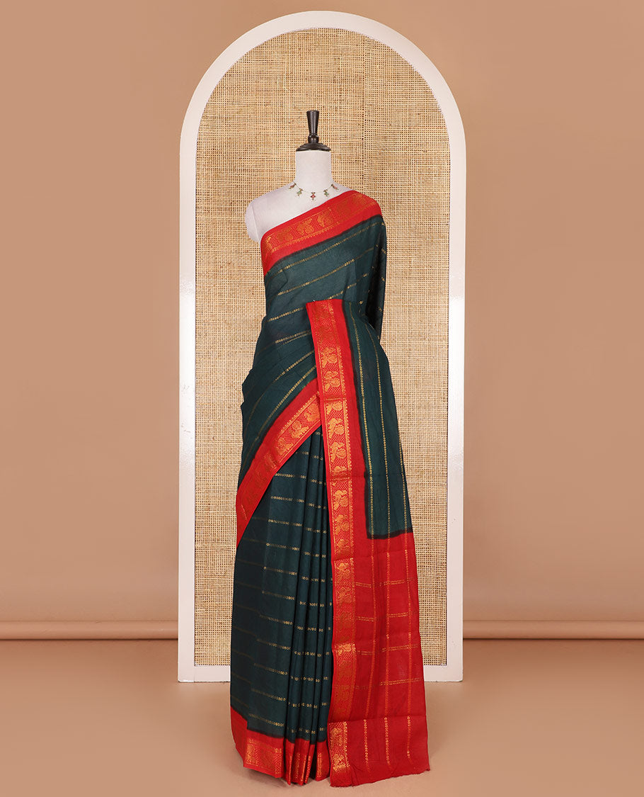 Green veldhari zari striped Sungudi cotton saree, contrast peacock zari motif border, zari striped pallu, and contrast zari design blouse