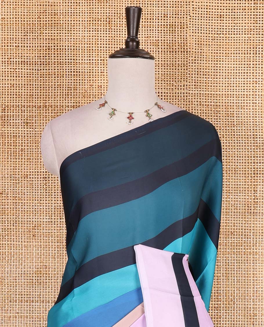 Borderless multi-color striped with sparsely buttas satin crepe saree, a matching blouse of sparse buttas