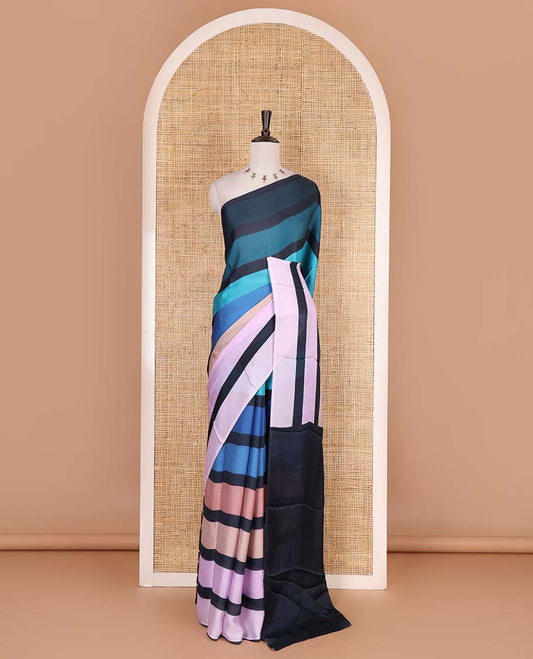 Borderless multi-color striped with sparsely buttas satin crepe saree, a matching blouse of sparse buttas