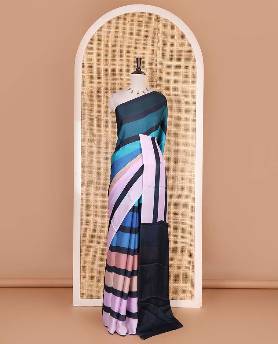 Borderless multi-color striped with sparsely buttas satin crepe saree, a matching blouse of sparse buttas