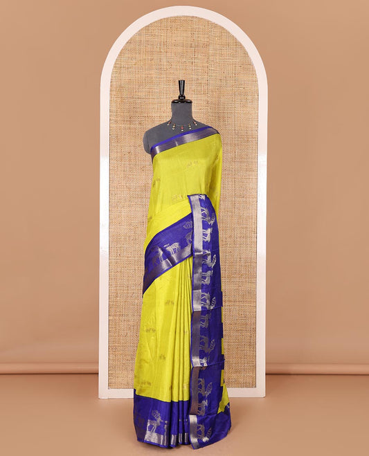 Lime yellow deer copper zari buttas dola silk saree, contrast chevron and deer motifs zari border, deer motifs pallu, and contrast deer motifs blouse