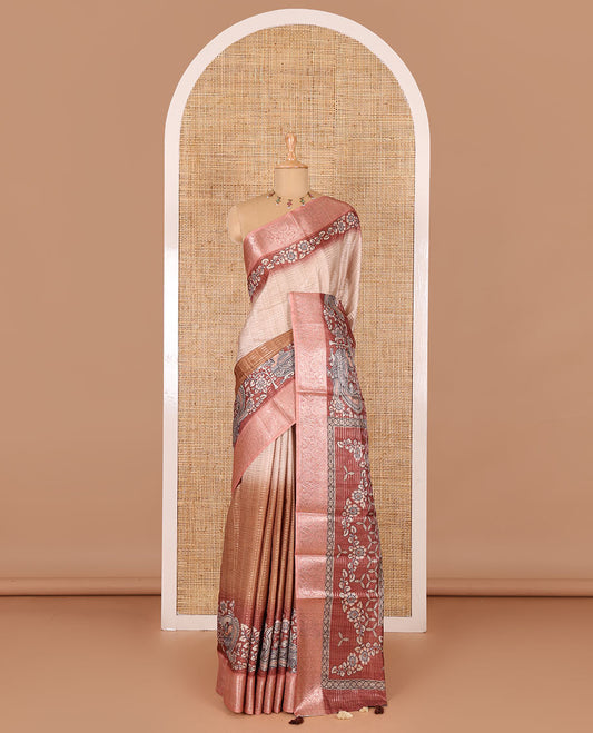 Brown tri-ombre colored zari stripes, and kalamkari peacock printed semi-tussar saree, contrast floral creeper zari border, peacock printed pallu, and a contrast blouse of zari and print work
