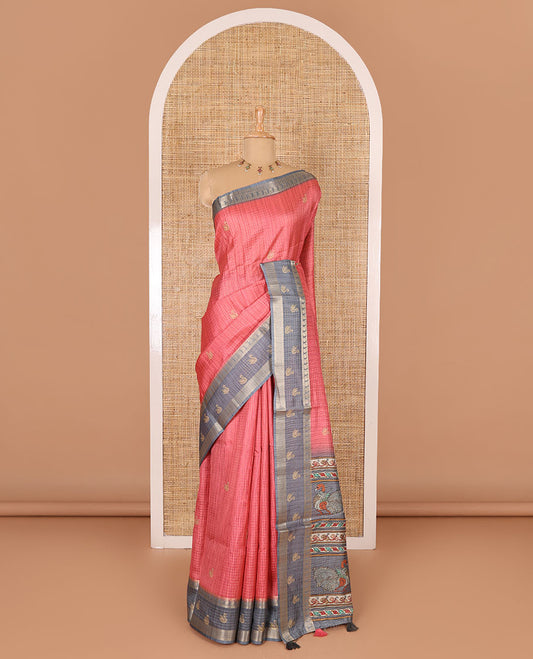 Pink micro-checked and swan motifs katan silk saree, contrast traditional zari border of swan motifs, printed pallu, and contrast buttas blouse