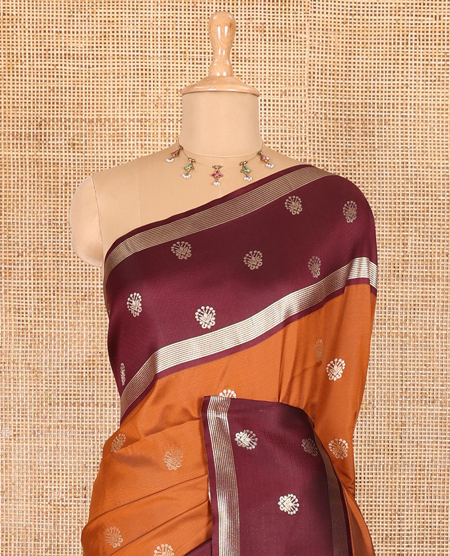 Rust zari buttas soft silk saree, contrast zari border of intricate designs, zari-rich jaal pallu, and a contrast zari design blouse