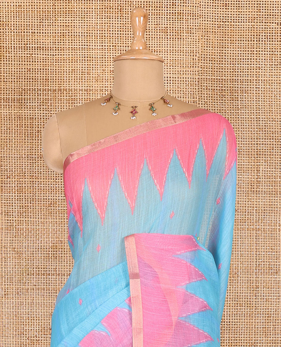 Blue small thread buttas linen cotton saree, contrast temple zari piping border, striped pallu and a contrast blouse