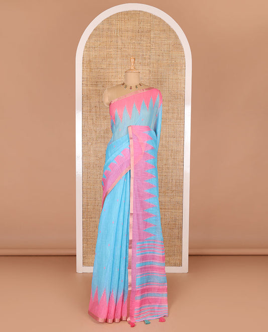 Blue small thread buttas linen cotton saree, contrast temple zari piping border, striped pallu and a contrast blouse