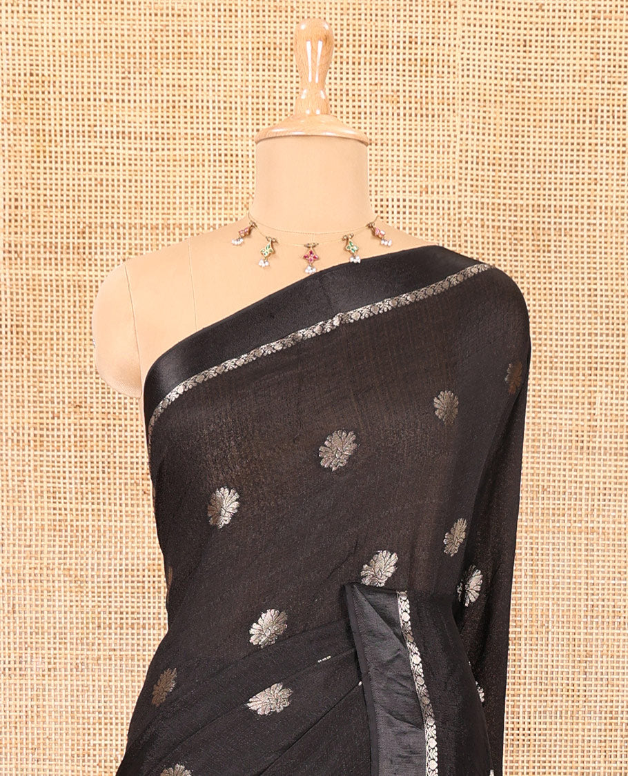 Black floral zari buttas viscose khadi silk saree, traditional zari satin border, floral zari buttas woven pallu, and a matching zari design blouse