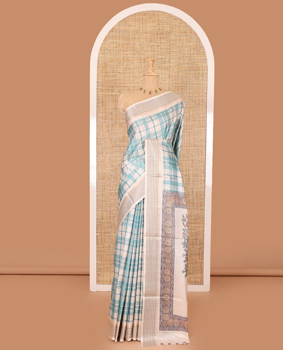 Rama checked patterned semi-tussar saree with contrast temple striped border, Madhubani printed pallu, and a contrast printed blouse