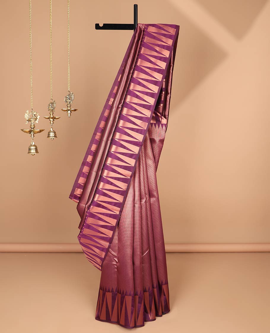 Wine copper tissue fusion art silk saree with zig zag temple border & rich copper zari pallu along with copper jacquard blouse
