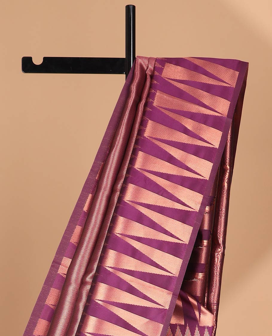 Wine copper tissue fusion art silk saree with zig zag temple border & rich copper zari pallu along with copper jacquard blouse