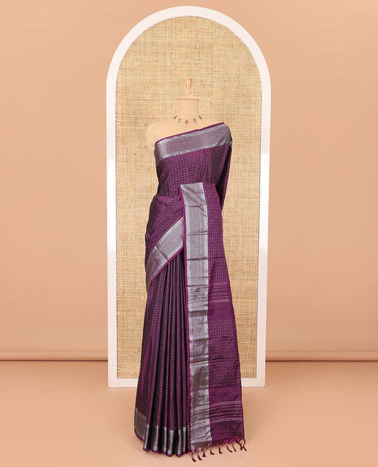 Purple checked design semi-soft silk saree, zari border, striped pallu, and a matching checked blouse