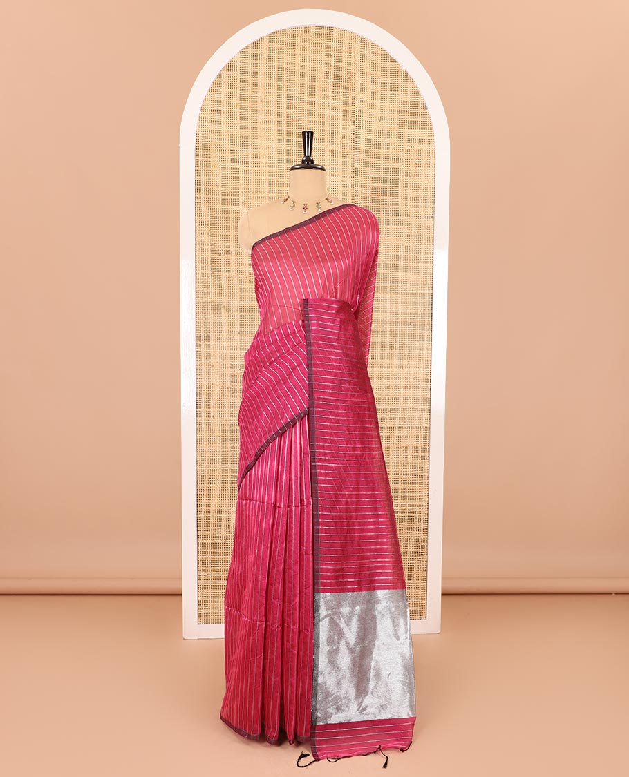 Borderless rani pink silver zari vertically striped khadi mul cotton saree, gleaming zari pallu and a matching blouse